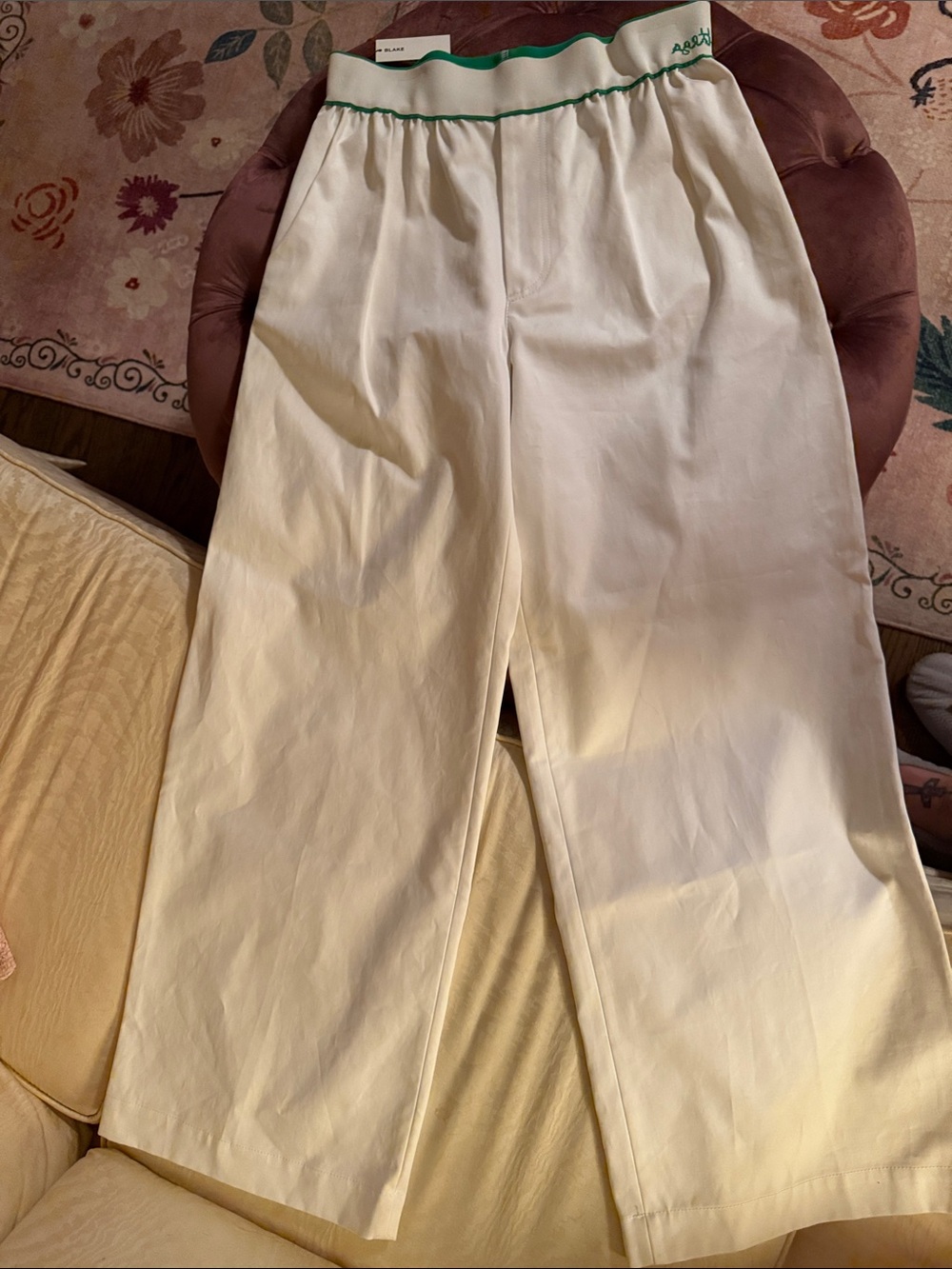 Bottega Veneta White Wide-Leg Pants with Green Waist Trim